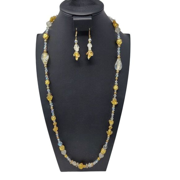 Vintage Princess Necklace Dangle‎ Pierced Earring Set Faux Gold Nugget AB Beads - Picture 16 of 16